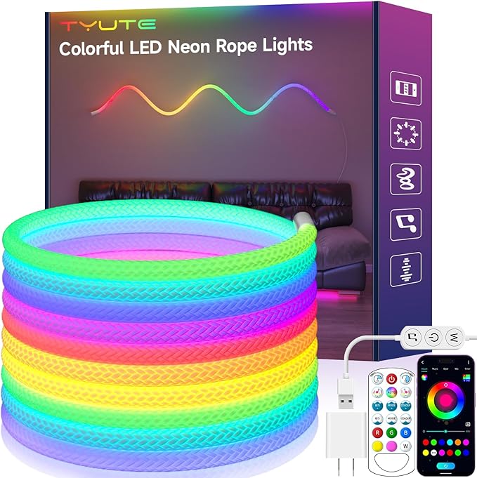 LED Rope Lights, 16.4ft Neon LED Lights Strip with 360 Degree Luminous, 5V USB Flexible IP67 Waterproof Music Sync Remote APP Control Gaming Lights Accessories for Bedroom Outdoor Décor