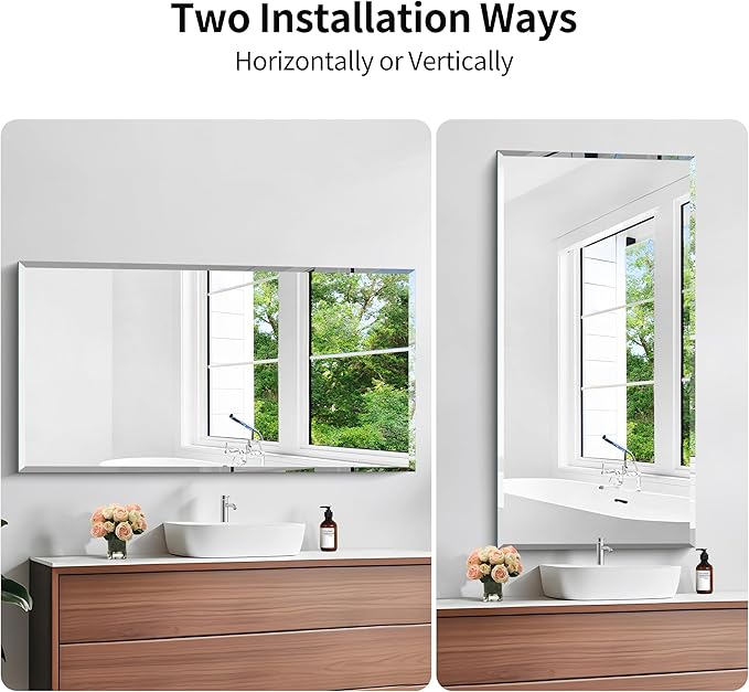 KOCUUY Beveled Mirror, 24x48 Inch Frameless Bathroom Mirror for Over Sink, Upgraded Shatterproof Beveled Unframed Design Mirror for Bathroom, Bedroom, Hang Horizontal/Vertical