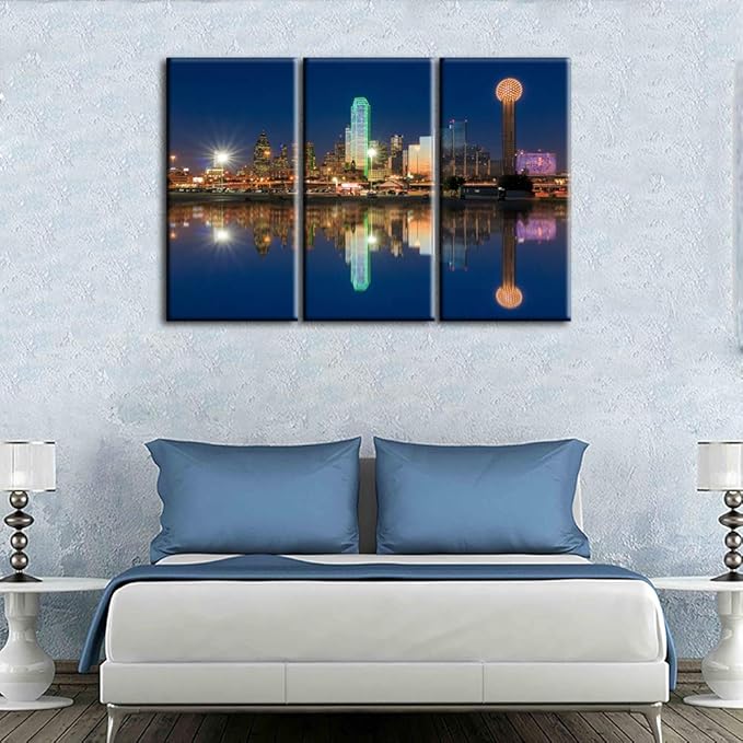 3 Pcs Wall Art Dallas Skyline Reflected in Trinity River at Sunset Canvas Art Paintings For Room Decor Texas Cityscape Skyscrapers Night Scene Picture Prints On Canvas For Home Decor - 40‘’ x 60‘’