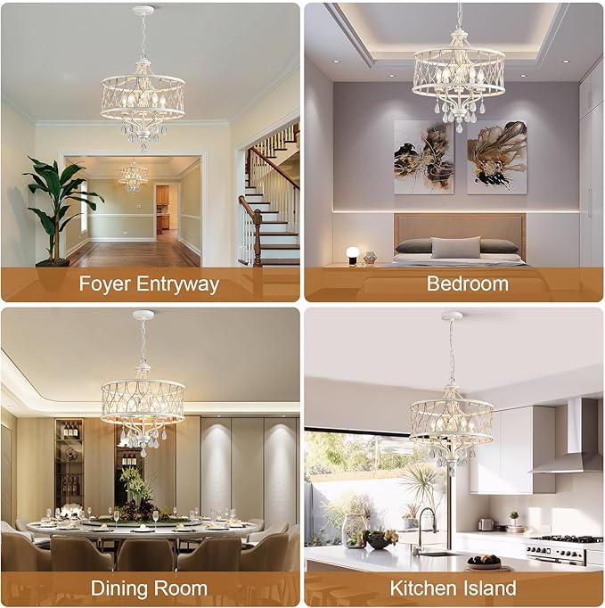 Modern Crystal Chandelier, 5-Light Farmhouse White Chandelier for Dining Room Vintage Hanging Pendant Light Fixtures Round Chandelier for Kitchen Island Entryway Foyer Bedroom Office Bar