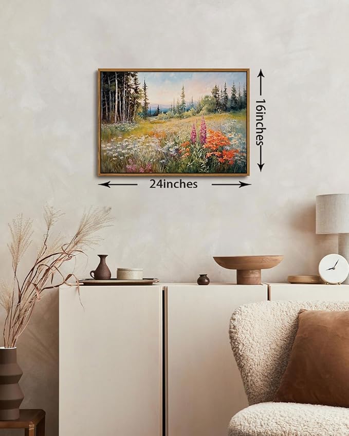 KISSFOX Vintage Framed Wall Art Mountain Meadow Wildflower Landscape Colorful Canvas Art Nature Serene Countryside Paintings Artwork Farmhouse Rustic Art Prints For Bedroom Bathroom Living Room