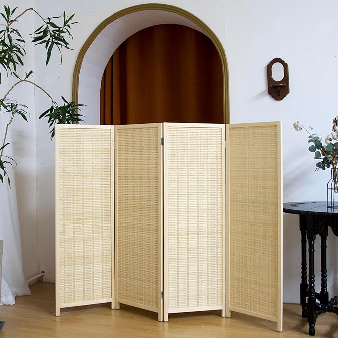 4 Panel Short Panel Divider Screen,3.95 FT Tall Bamboo Room Divider Folding Privacy Screen,Short Panel Divider Freestanding Room Divider for Room Seperation,Beige