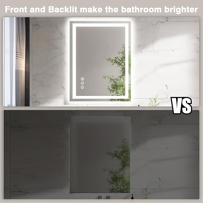 20"x28" LED Bathroom Mirrors for Wall, Front and Backlit Mirror, Anti-Fog Vanity Mirror with Lights, Stepless Dimmable Lighted Mirror, 3 Colors Smart Mirror (Horizontal/Vertical)