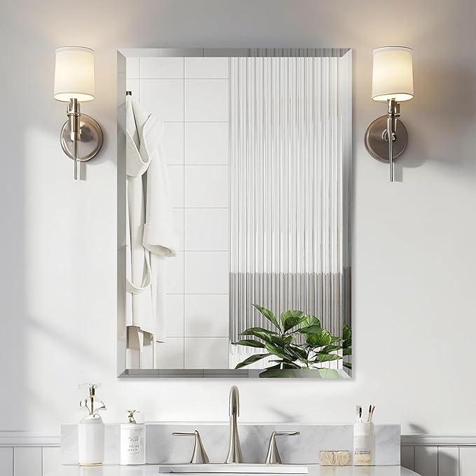 Beveled Edge Mirror 20x28 Inch Frameless Rectangle Bathroom Wall Mirror Explosion Proof and Shatterproof Bathroom Vanity Mirror Wall Mounted Hang Firmly (Horizontal or Vertical)