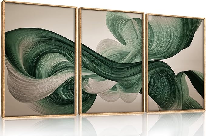 KAIRNE Green Abstract Wall Art Set of 3, Minimalist Green Lines Wall Decor, Modern Flowing Texture Painting for Living Room, Bedroom, Office, Framed Easy to Hang 16x24 Inches