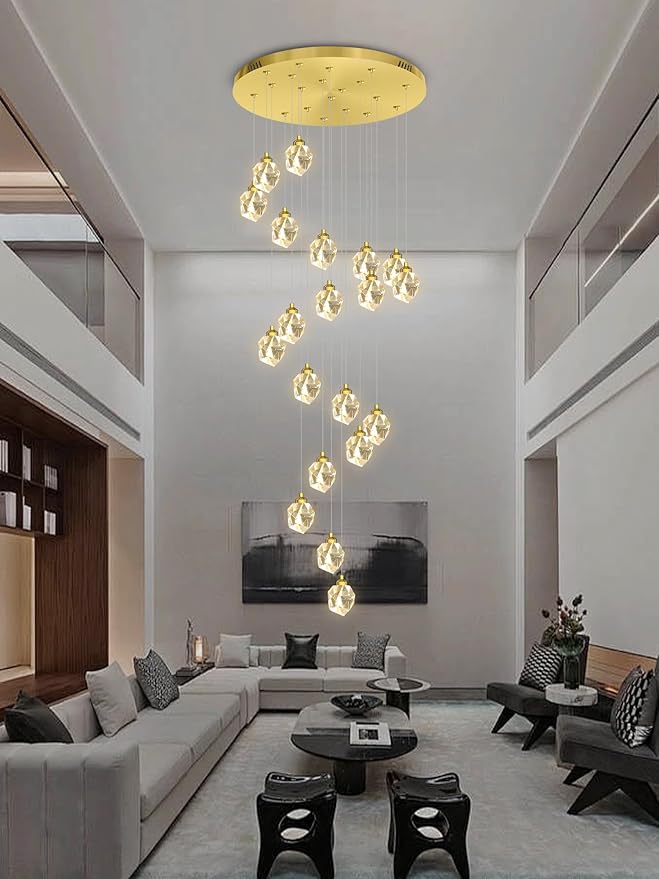Large High Ceilings Chandeliers Modern Long Crystal Spiral Chandeliers,K9 Crystal Drop Chandelier for Staircase Foyer Entryway 20 Lights Gold D28XH135inch