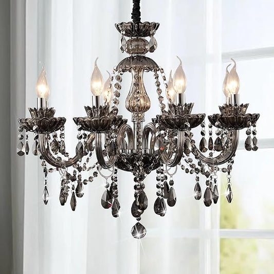 Luxurious Smoky Gray Crystal Chandelier for Living Room, Antique 6-Lights Teardrop Candle Chandelier Pendant Ceiling Lighting Fixture for Kitchen Dinner Party Closet Entryway of CRYSTOP