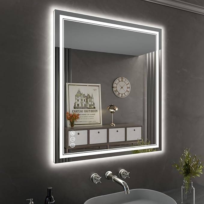 32 x 36 Inch LED Bathroom Mirror, Front Light and Backlit Anti-Fog Dimmable Memory Lighted Vanity Mirror, Shatterproof Wall-Mounted Led Mirror for Bathroom