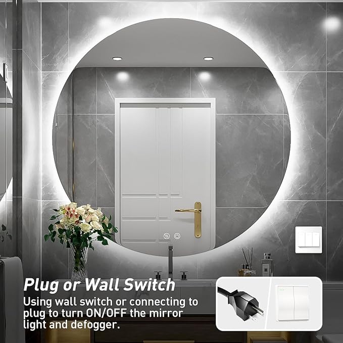 30 Inch Round LED Bathroom Mirror - 6000K Daylight Backlit, Anti-Fog & Dimmable, Frameless Waterproof Mirror with Touch Control, CRI90+, IP54 for Vanity & Makeup