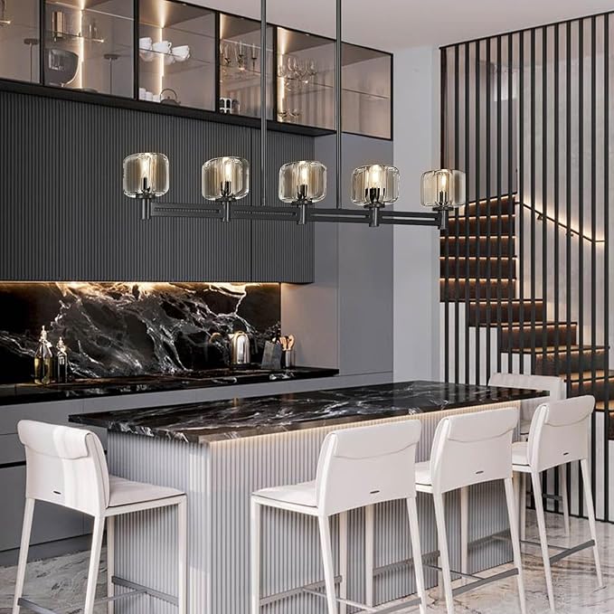 Modern Crystal Chandelier, 54" Black Rectangle Chandeliers for Dining Room, 5-Light Kitchen Island Lighting, Light Fixtures Over Table,Pendant Lighting Fixture for Dining Room Bedroom