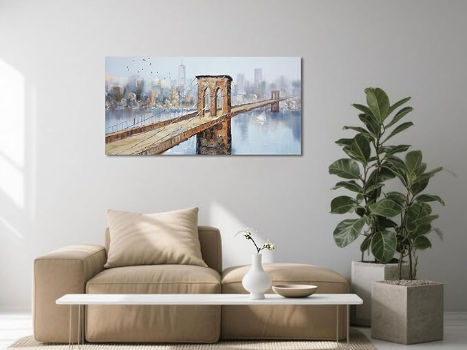 Arjun Brooklyn Bridge Canvas Wall Art New York Skyline City Painting, NYC Picture Textured Artwork Framed for Bedroom Living Room Home Office Wall Decor, Large 40"x20"