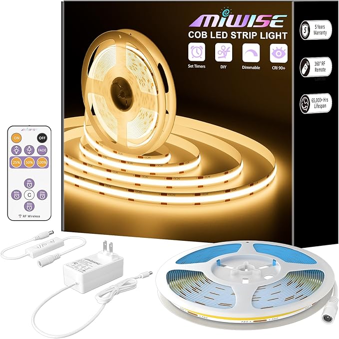 MIWISE COB LED Strip,2700K Warm White 32.8ft/10m,Dimmable Super Bright 24V LED Strip Light,CRI 90+ Flexible Tape Light with RF Remote Timer Function,for Shelf/Cabinet/Bedroom/TV DIY Lighting Project