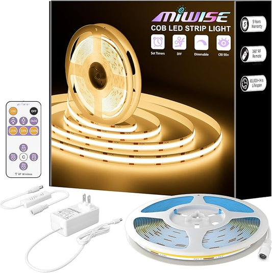 MIWISE COB LED Strip,2700K Warm White 32.8ft/10m,Dimmable Super Bright 24V LED Strip Light,CRI 90+ Flexible Tape Light with RF Remote Timer Function,for Shelf/Cabinet/Bedroom/TV DIY Lighting Project