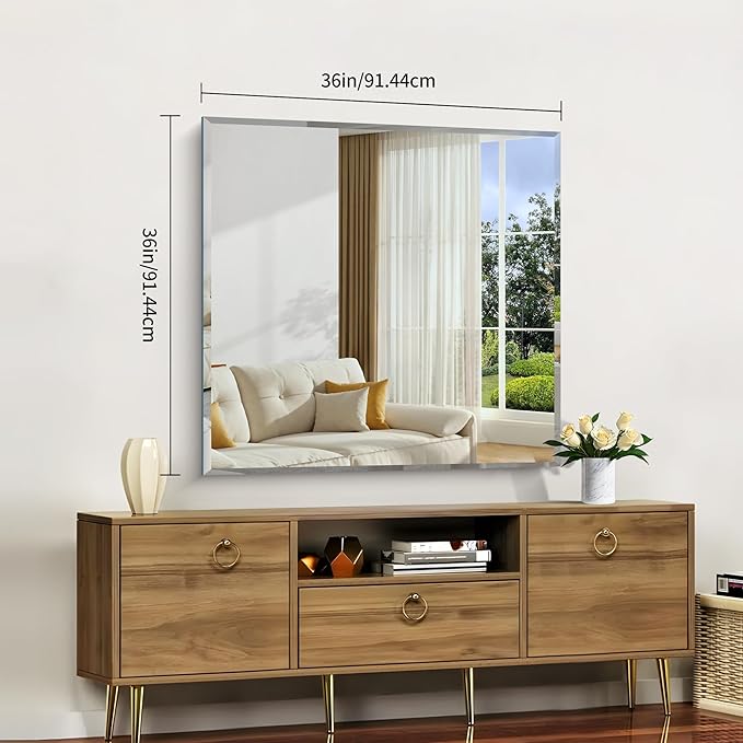 Beveled Mirror, 36x36 inch Square Bathroom Mirrors for Wall, Upgraded Shatterproof Frameless Vanity Mirror Over Sink with Beveled Edge for Bathroom,Bedroom,Living Room and Entryway