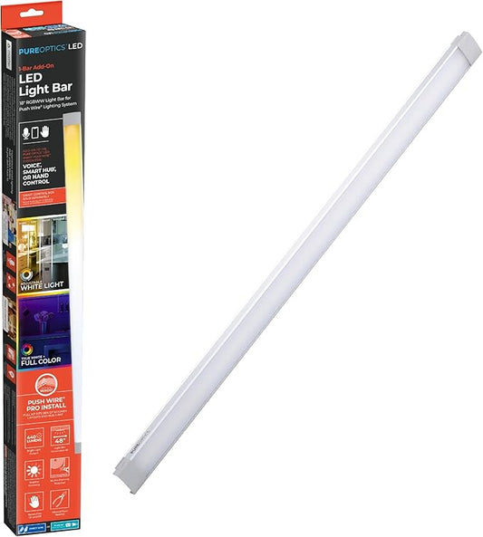 PureOptics LED Professional Push Wire® Under Cabinet Light Bar, Add-on, Plug-in or Hardwire Compatible, Adjustable White and RGB LED, for Kitchen, Utility Light, Closets, Garage, Pantry, (1) 18" Bar