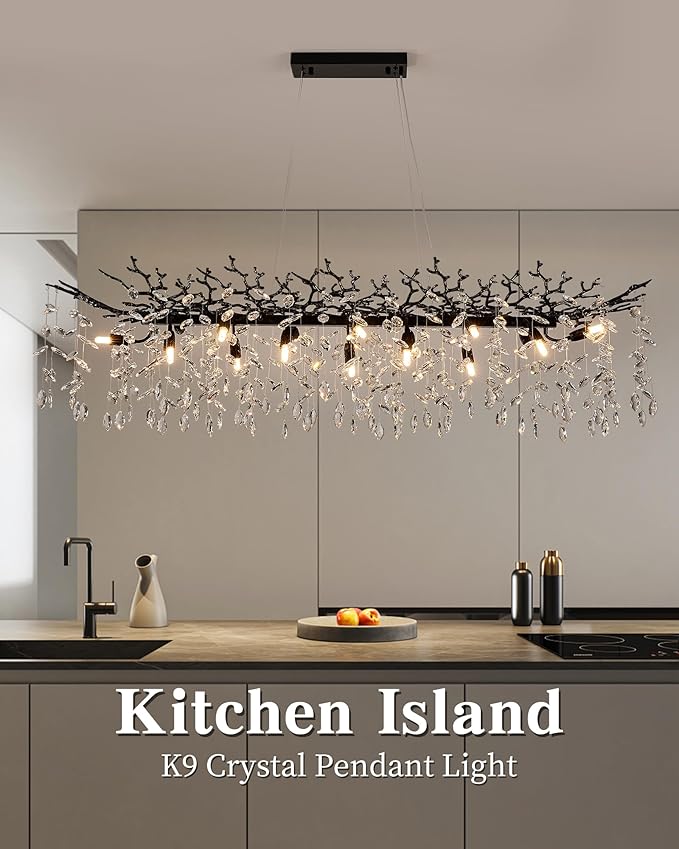 Modern Tree Branch Chandelier for Dining Room, 16 Lights Rectangular 59" Crystal Black Chandeliers for Kitchen Island Dining Room Living Room