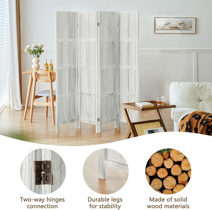 4 Panel Room Divider, 5.6Ft Wood Room Dividers and Folding Privacy Screens, Room Divider Wall Freestanding Room Partitions, Room Dividers Screen for Home Office Restaurant Bedroom, White