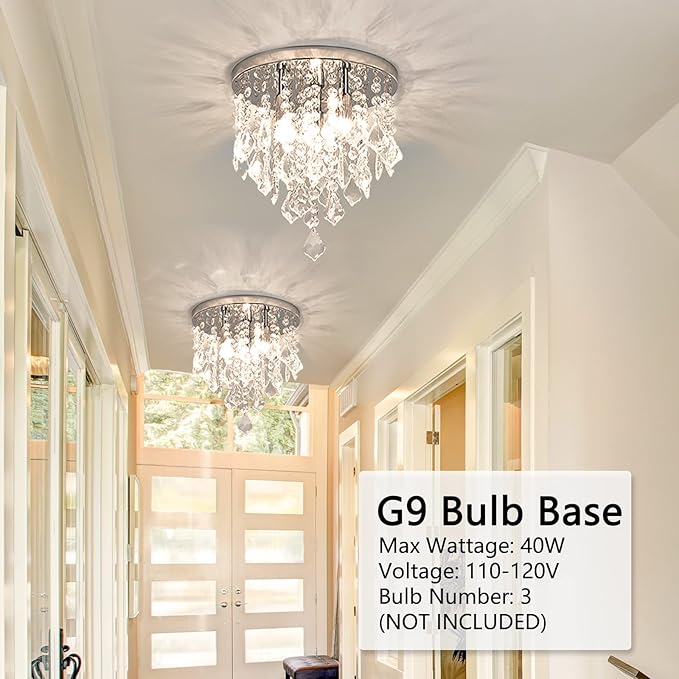 3-Light Mini Crystal Chandelier,10" Modern Chandelier Lighting Fixture,K9 Crystal Flush Mount Ceiling Light,Crystal Ceiling Light for Girls Bedroom Closet Foyer Entryway Aisle,Chrome