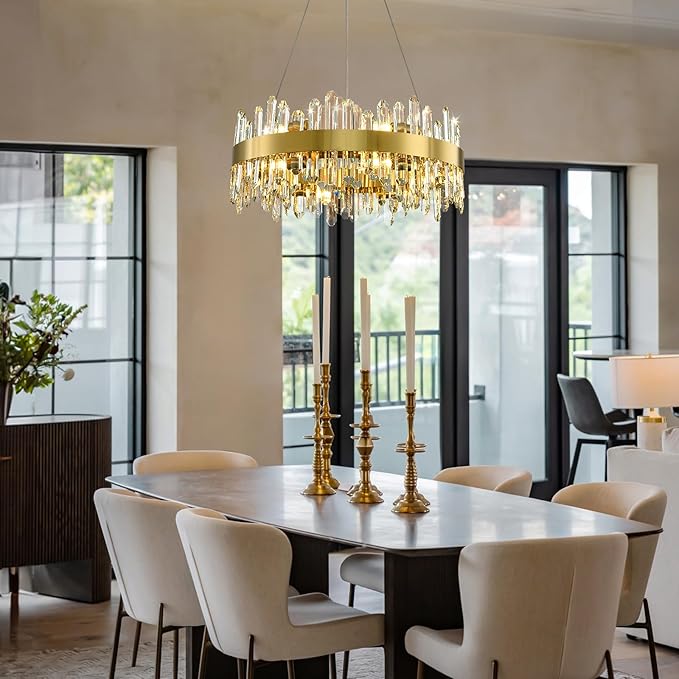 Modern Crystal Chandelier, 24in K9 Crystal Chandeliers for Dining Room, 12 Lights 2 Tier Dimmable Round Gold Chandelier, Adjustable Modern Chandeliers for Living Room, Bedroom, Bathroom, Kitchen Foyer