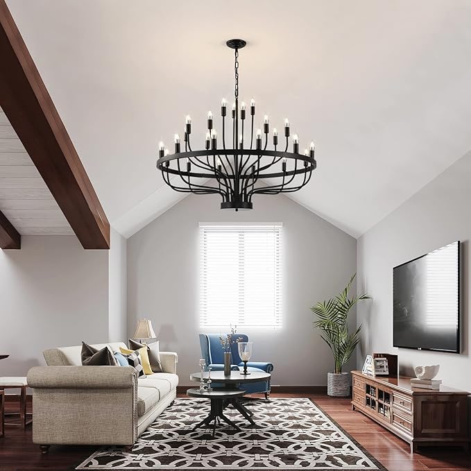 Black Chandelier 24 Light, Modern Farmhouse Chandelier for Dining Room, Round Industrial Candle Chandeliers Light, Wagon Wheel Chandelier 39in 3-Tier for Hallway, Living Room, Foyer, Island Lights