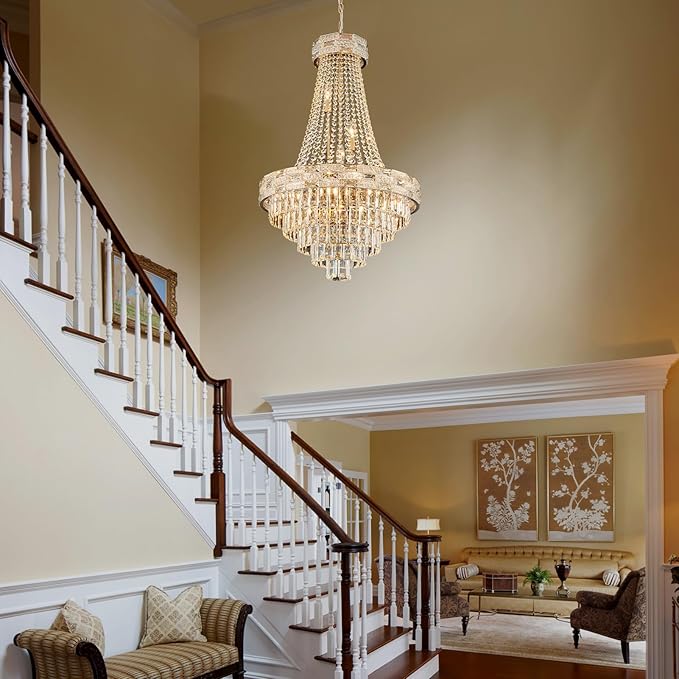 12-Light Gold Crystal Chandeliers,Empire Chandelier Light Fixture Modern High Ceiling Hanging Chandelier for Entryway,Foyer,Staircase,Hallway,Living Room(H36 x D23.2)