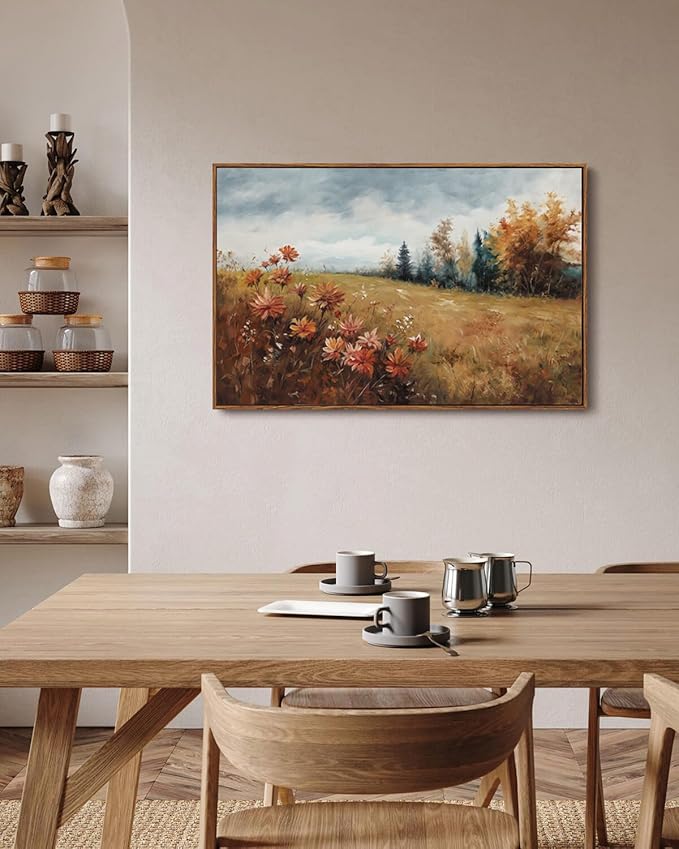 KISSFOX Vintage Fall Countryside Framed Wall Art Autumn Wildflower Forest Landscape Canvas Art Farmhouse Floral Golden Fields Paintings Artwork Rustic Serene Art Prints For Kitchen Living room Bedroom