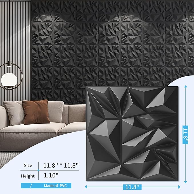 Art3d 50-Pack 3D Wall Panels for Interior Wall Decor, Modern Diamond Textured Accent Wall Paneling for Gaming Living Room TV Wall Background, 12 x 12 inch Black