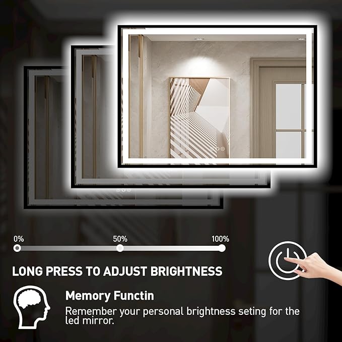 60x40 Inch LED Bathroom Mirror with Lights, Frontlit & Backlit Black Metal Frame Mirror,Double Lights Strips,Anti Fog Dimmable & 3 Colors Temperature