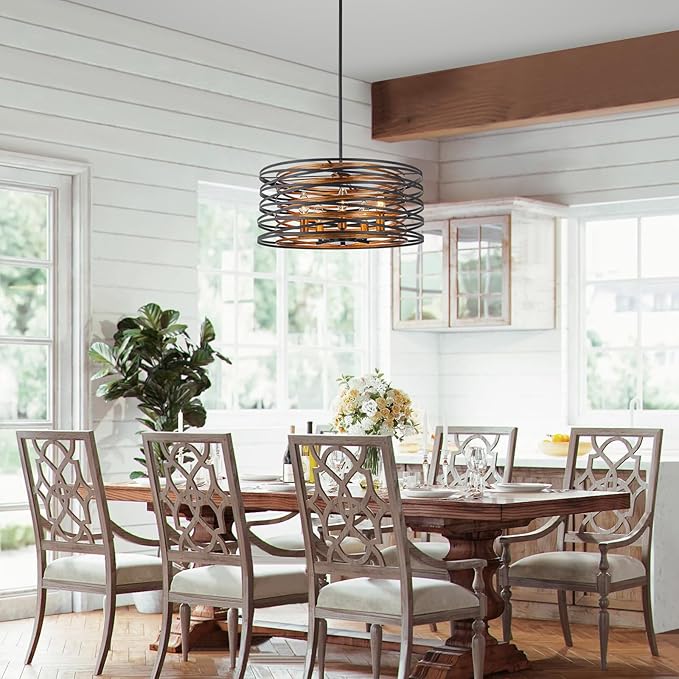 5-Light Farmhouse Drum Chandeliers, 2-Tiers Pendant Light Fixture for Dining Room, Living Room, Bedroom, Adjustable Height 17~47", Wood Texture & Matte Black Finish