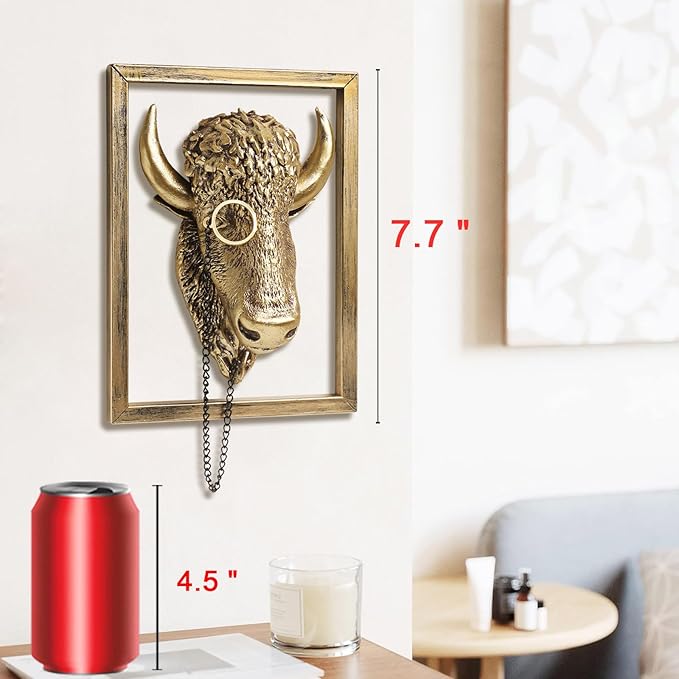 Newinhome Animal Heads Wall Decoration (Gift Metal Frame) Resin Animals Sculptures Head Wall Hanging Decor Gold vintage Wall Sculpture for Living Room Bedroom Office(Bull)