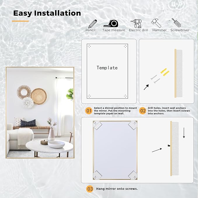 27x36 Inch Brass Bathroom Mirror for Wall, Aluminum Frame Rectangle Rectangular Vanity Mirror, Modern Large for Bedroom, Living Room, Horizontal or Vertical