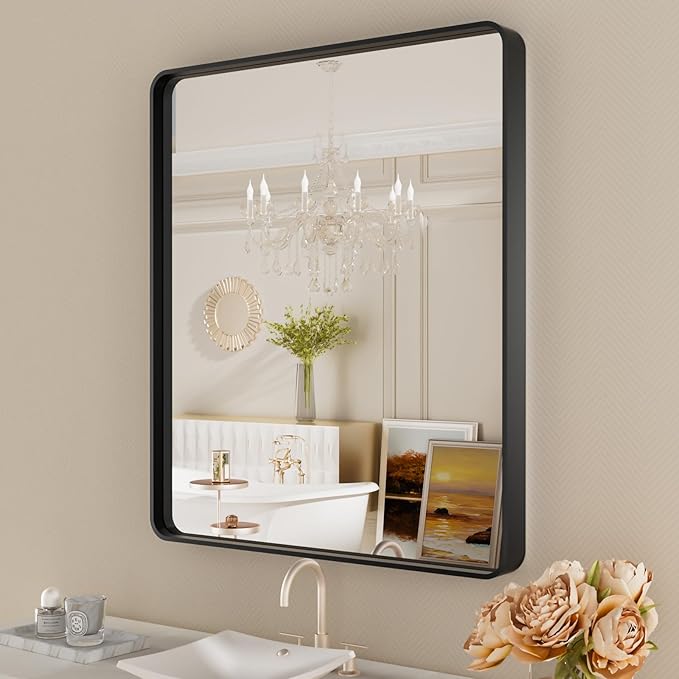 Black Metal Framed Bathroom Mirror for Wall,24X28 Rounded Rectangle Mirror, Matte Black Bathroom Vanity Mirror Farmhouse, Anti-Rust, Tempered Glass, Hangs Horizontally or Vertically