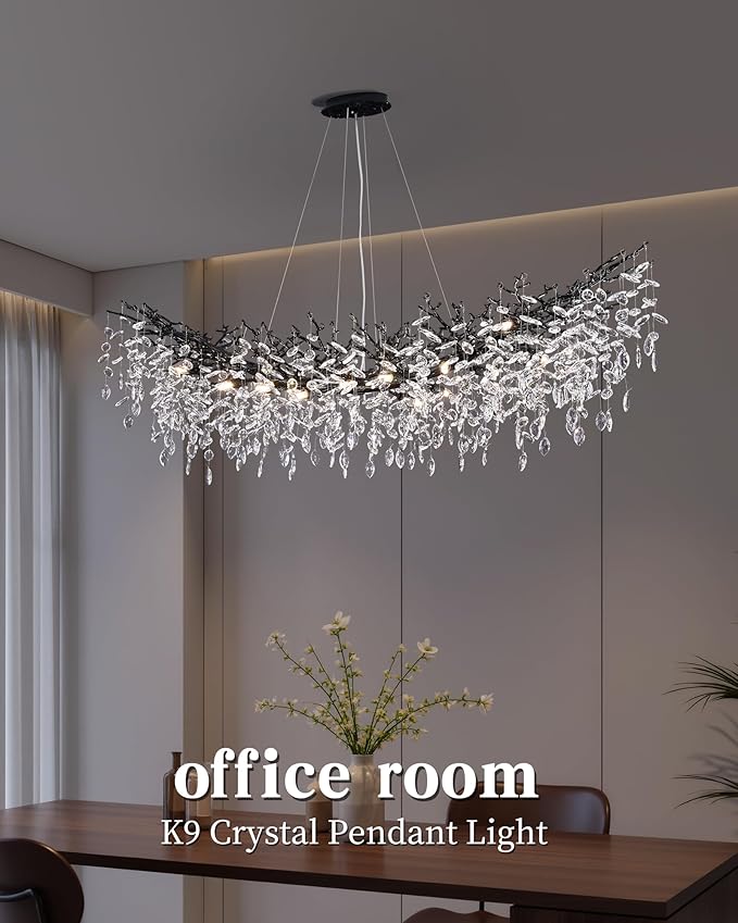 Modern Crystal Chandelier for Dining Room, 16-Light 55.12" Black Tree Branch Chandeliers, Luxury K9 Crystal Rectangular Chandeliers for Kitchen Island Living Room
