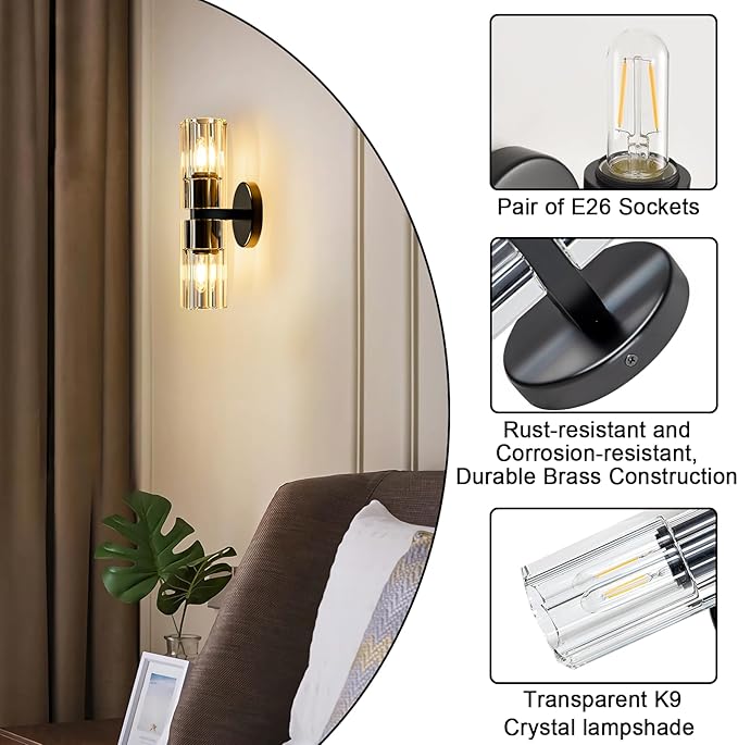 Black Crystal Wall Sconces Set of Two, Wall Sconce Set of 2, Black Sconces Wall Lighting with K9 Crystal Lampshade, Wall Lights for Bedroom Living Room Bathroom Hallway