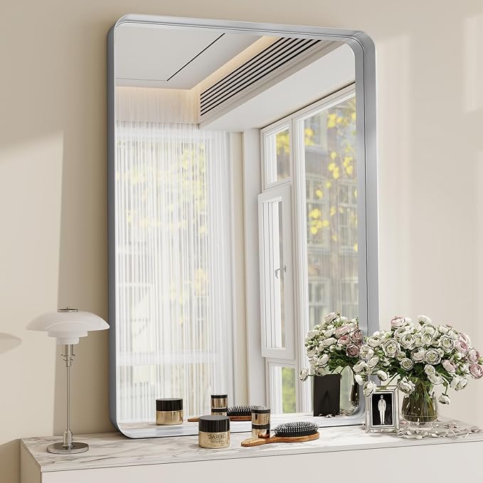 Bathroom Mirror Vanity for Over Sink Wall Mirror - 24x32 Inch Rounded Corner Rectangle Aluminum Frame Mirror,Hangs Horizontally or Vertically for Living Room Bedroom or Entryway Silver