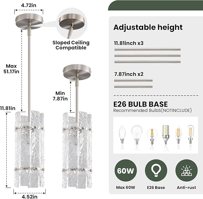 Modern Brushed Nickel Crystal Pendant Light for Kitchen Island, Luxury Mini Water Ripple Glass Chandelier Fixture, Round Adjustable Hanging Pendant Lighting for Dining Room Bedroom Hallway (1-Pack)