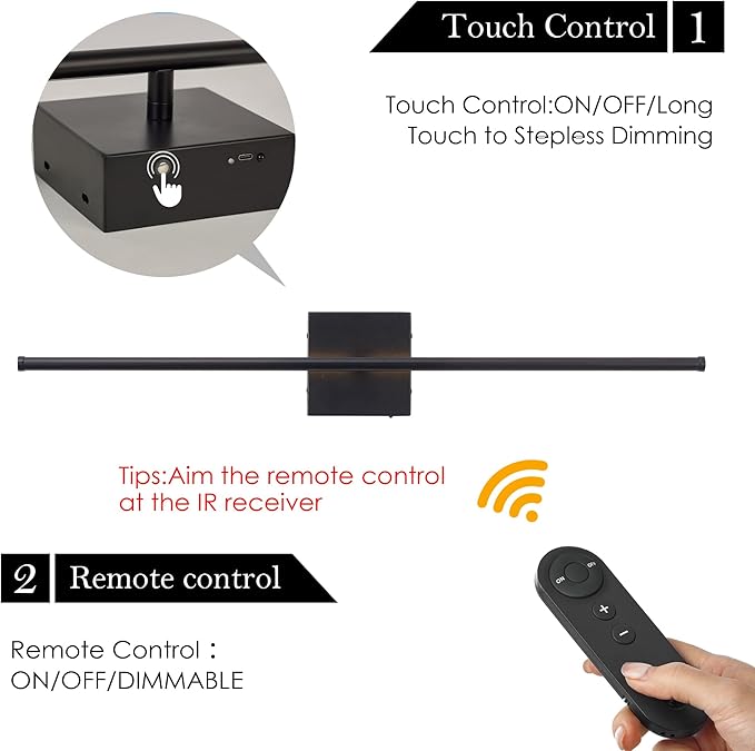 Battery Operated Wall Sconces with Remote Control, Dimmable Wall Sconces Set of Two, 350°Rotate, 3000K LED Black Wireless Wall Light for Living Room, Hallway, Bedroom, 40.1 Inch (2 Pack)