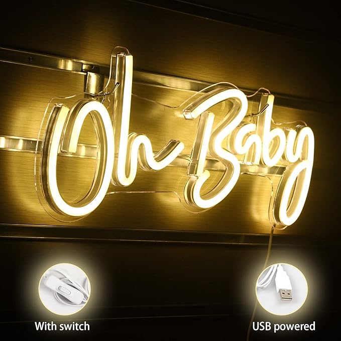 Lucunstar Neon Light Oh Baby Warm White Neon Sign for Wall Decor Neon Lights Sign Oh Baby Word LED Neon for Nursery Bedroom Game Room Club Bar Wedding Party Room Decor(16.5"X6.9")