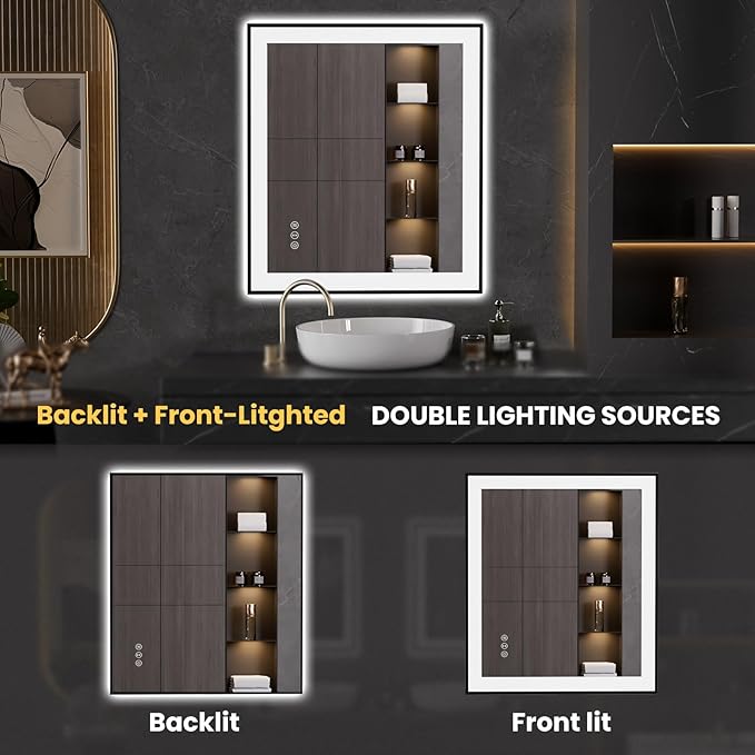 LOAAO 28"X32" LED Bathroom Mirror Black Framed, Anti-Fog, Dimmable, Lighted Bathroom Vanity Mirror for Wall, Memory Function, Tempered Glass