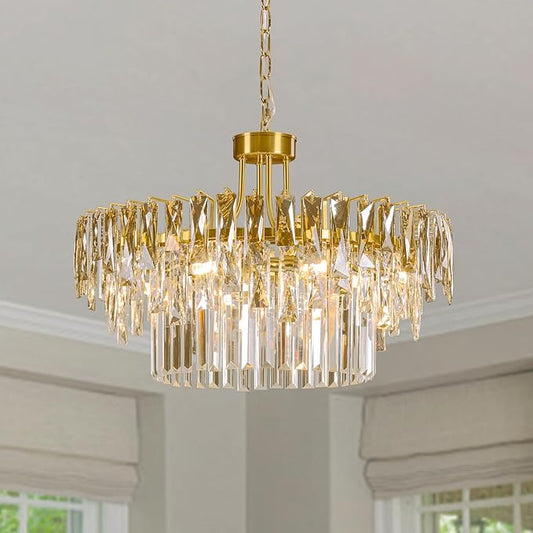 Modern Gold Round Crystal Dining room Chandelier - 23.6'' Luxury Raindrop K9 Crystals Chandeliers,Contemporary 3 Tier Ceiling Light Chandelier for Living room Bedroom Foyer Entryway (Include bulbs)