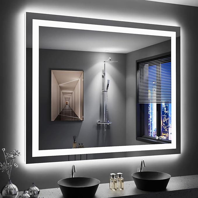 LOAAO 48"X40" LED Bathroom Mirror with Lights, Anti-Fog, Dimmable, Backlit + Front Lit, Lighted Bathroom Vanity Mirror for Wall, Memory Function, Tempered Glass, Shatter-Proof, ETL Listed