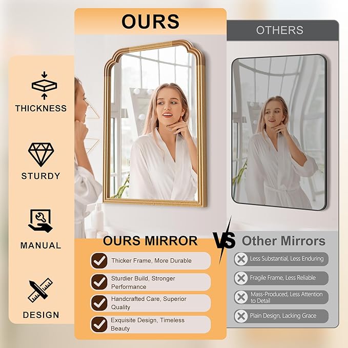 30" x 40" Wood Bathroom Mirror for Over Sink, Rustic Rounded Corner Vanity Mirror for Entryway, Living Room or Bedroom Home Decorative [Natural Color]