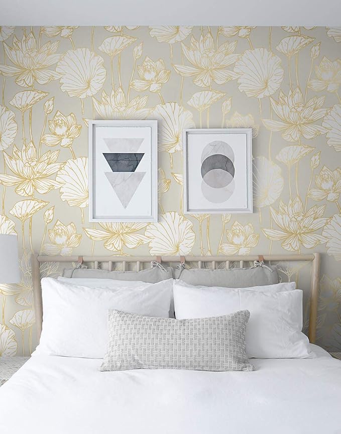 NextWall Lotus Floral Peel and Stick Wallpaper (Metallic Gold & Gray)