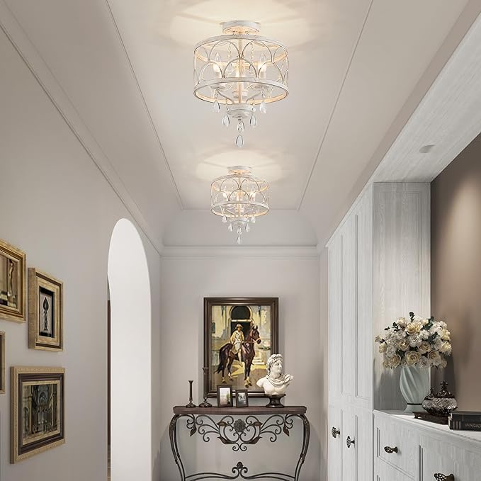 Crystal Ceiling Light Fixture, Modern Small Chandelier Light Fixture, Farmhouse White Semi Flush Mount Ceiling Light, Round Hallway Lighting Fixtures for Bedroom Entryway Dining Room Living Room