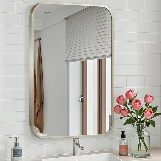 Brushed Nickel Mirror, 24x32 Inch Brushed Nickel Rectangle Mirror, Aluminum Alloy Framed Vanity Mirror, Rounded Rectangle Bathroom Mirror for Over Sink, Anti-Rust