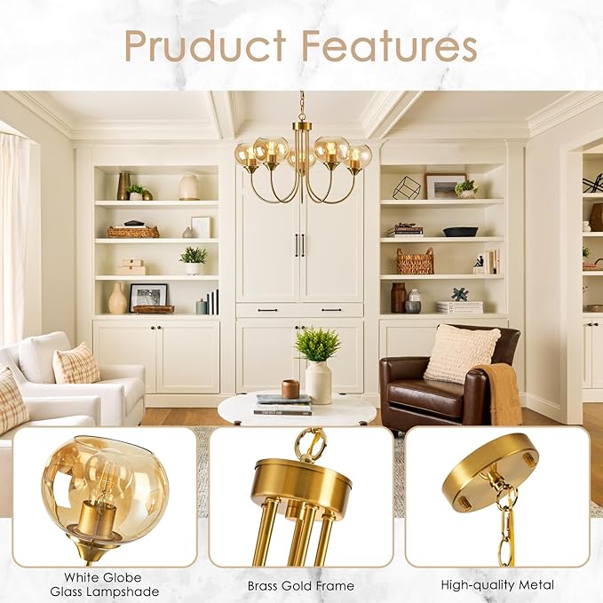 Mid Century Modern Globe Chandelier 5 Light Amber Glass Vintage Sputnik Chandeliers Gold Pendant Light Fixtures for Dining Room Kitchen Living Room Bedroom