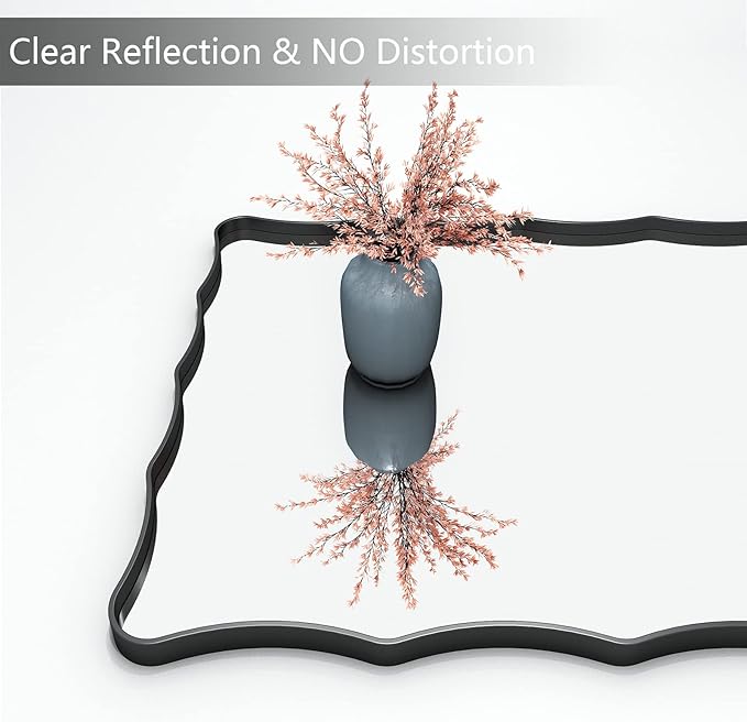 24x36 Matte Black Mirror, Black Metal Vanity Mirror for Wall, Rectangle Bathroom Mirror with Wavy Frame, Anti-Rust(Horizontal/Vertical)