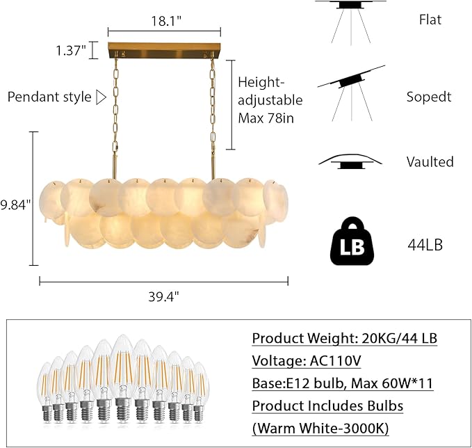 Alabaster Rectangle Chandelier, L39.4'' Natural Spanish Marble Stone Textur Chandeliers, 11-Light Dimmable Chandelier Over Table for Kitchen Island, Living Room, Hallway- Modern Luxury Lighting