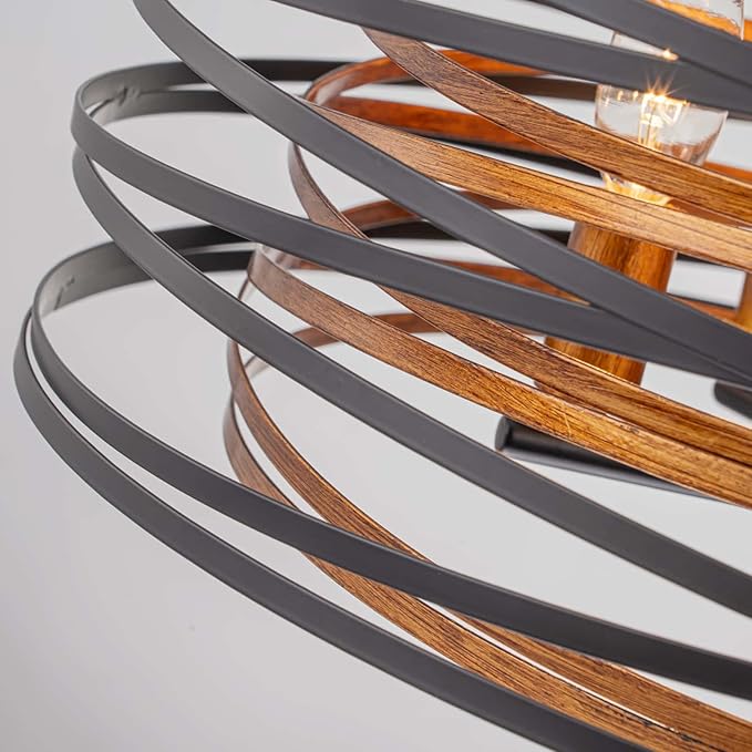 5-Light Farmhouse Drum Chandeliers, 2-Tiers Pendant Light Fixture for Dining Room, Living Room, Bedroom, Adjustable Height 17~47", Wood Texture & Matte Black Finish