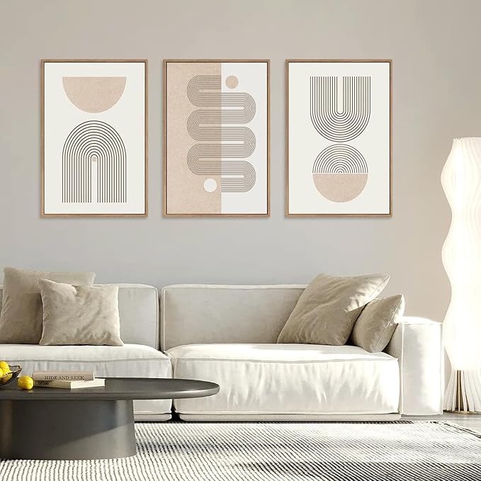 CHDITB Framed Boho Wall Art Set of 3, 24"x36" Beige Mid Century Modern Wall Decor, Abstract Geometric Line Wall Painting, Large Neutral Bohemian Canvas Art Print for Living Room, Bedroom, Office